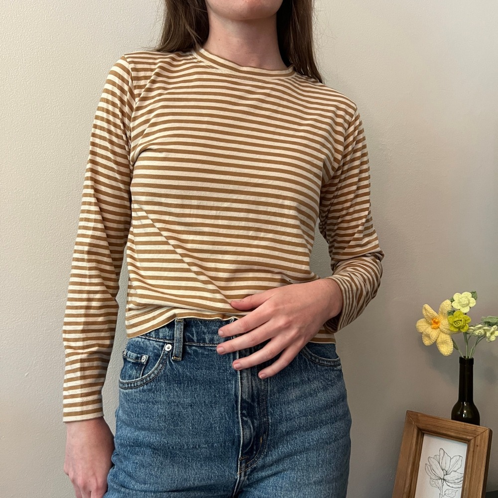 AYR Striped Long Sleeve Tee The French Fry Camel Brown White XS Classic Casual